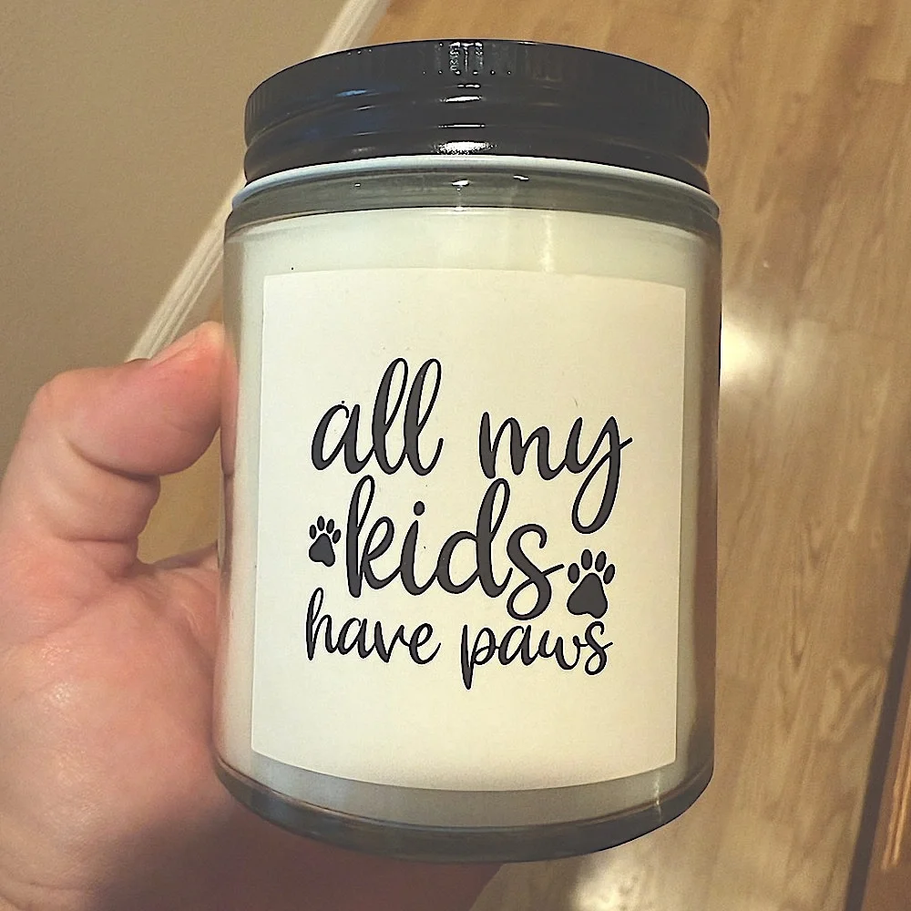 Glass Candle - Peony Petals — “All My Kids Have Paws” - 8oz, Overjoyed Boutique